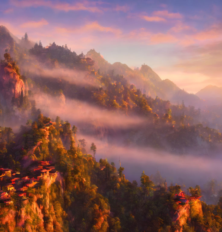 Misty sunrise over mountainous landscape with village and lush forests