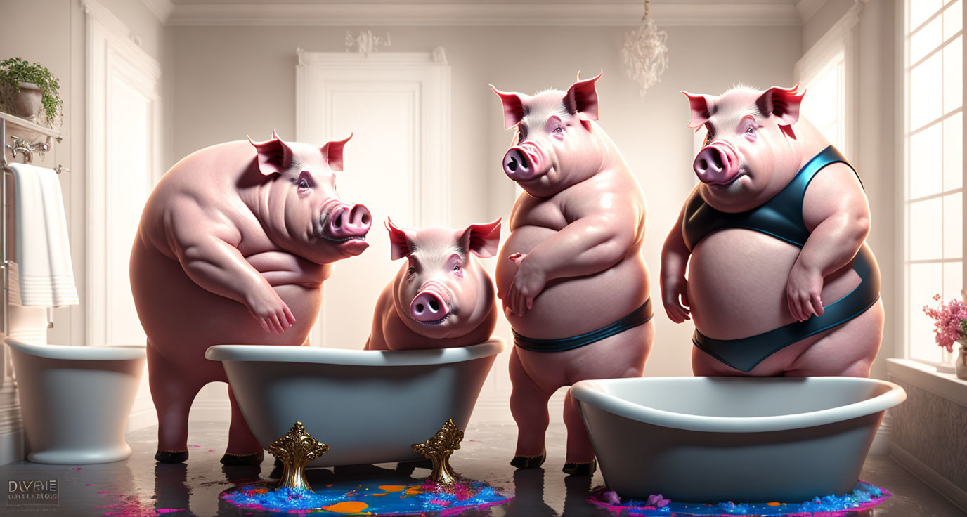 Four anthropomorphic pigs in bathroom setting with confetti, two in bathtubs, all showing playful