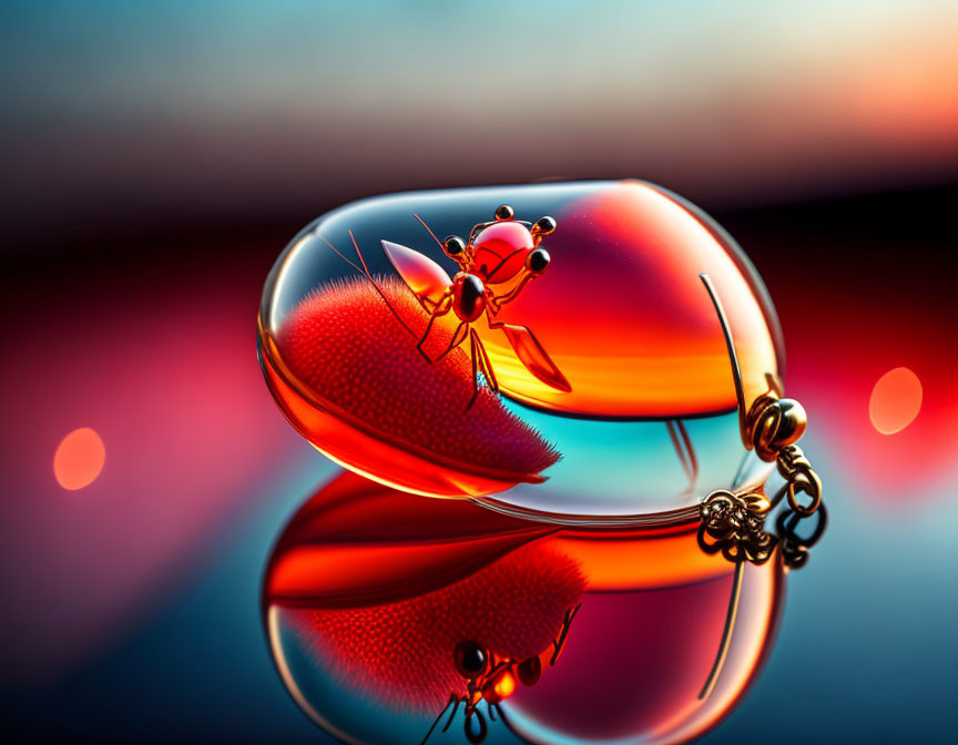 Macro image: Red ant on water droplet with reflection on mirrored surface