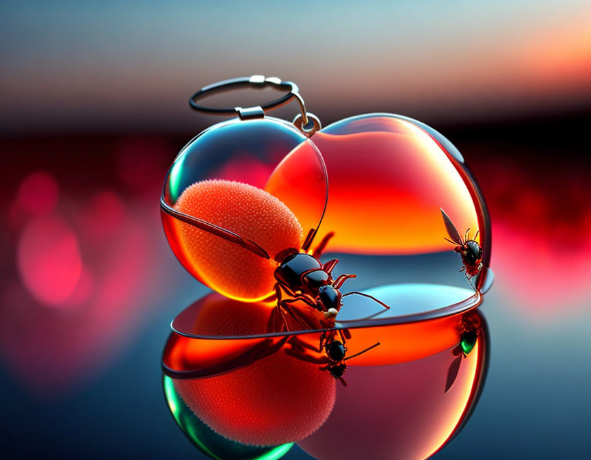 Transparent Heart-Shaped Object with Ant Inside and Reflection on Gradient Background