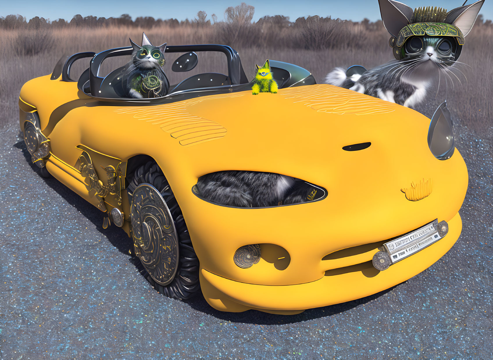 Three cats with human-like features driving a stylized yellow convertible.