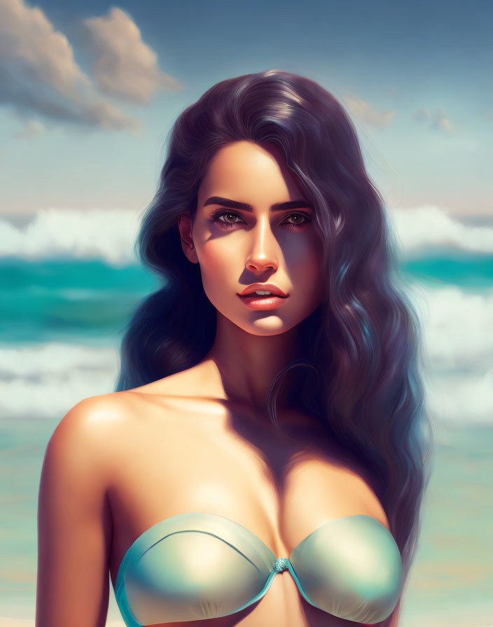 Woman with long dark hair in teal bikini on beach with ocean waves