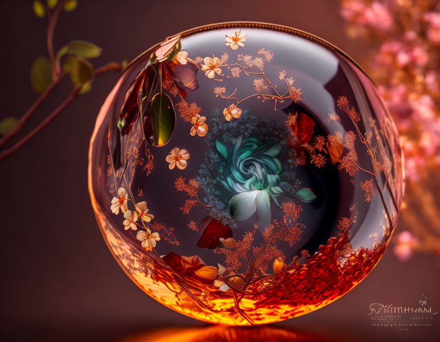 Intricate Floral Patterns on Crystal Ball with Swirling Vortex