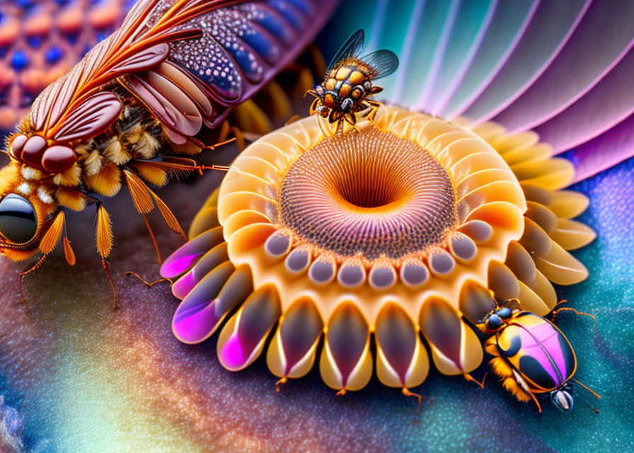 Vibrant digital artwork of stylized insects on intricate, floral-like structure