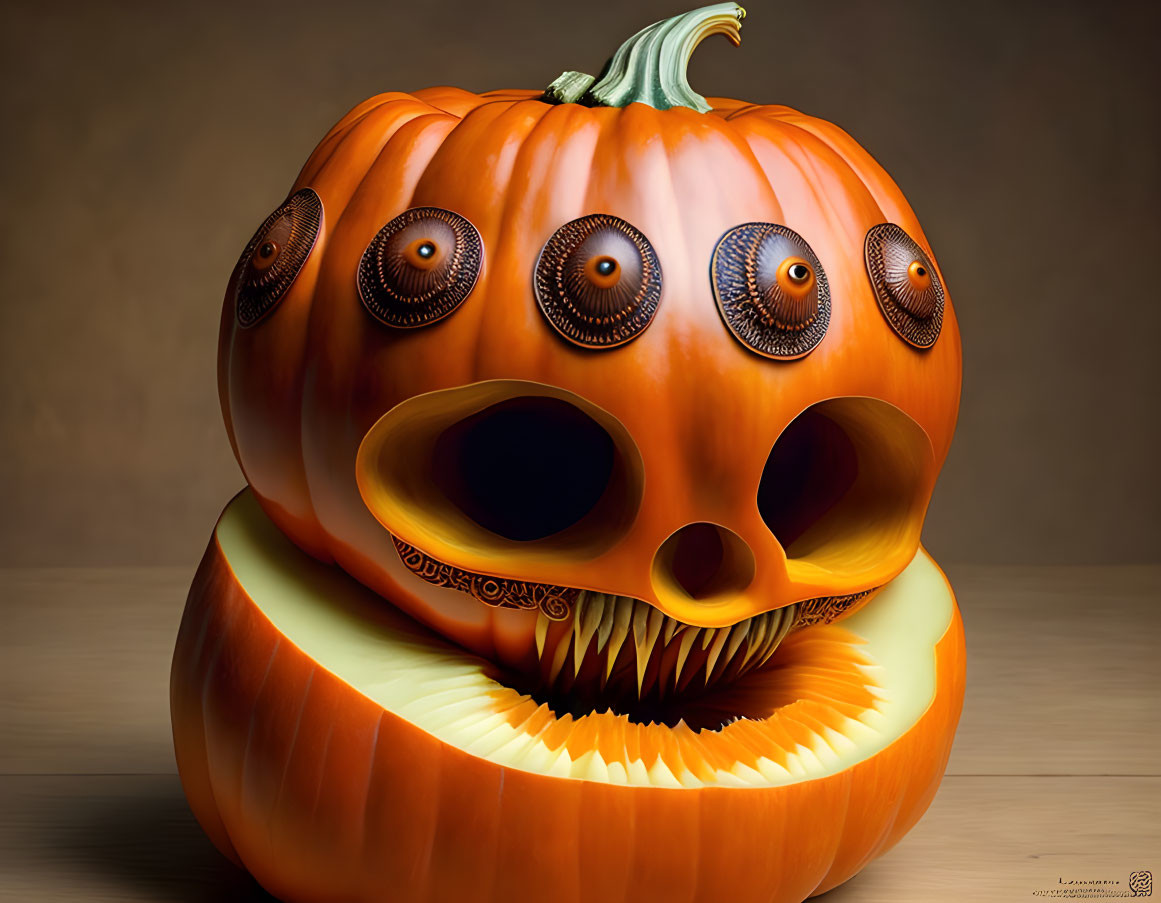 Digitally created pumpkin with multiple eyes and gaping mouth on warm brown background