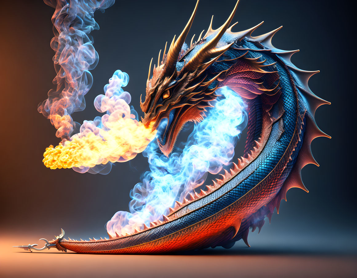 Vibrant Blue and Red Dragon Breathing Fire in Digital Art