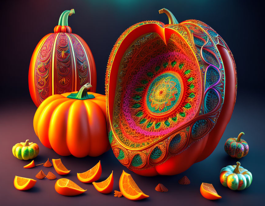 Colorful Digital Artwork of Patterned Pumpkins with Mandala Design