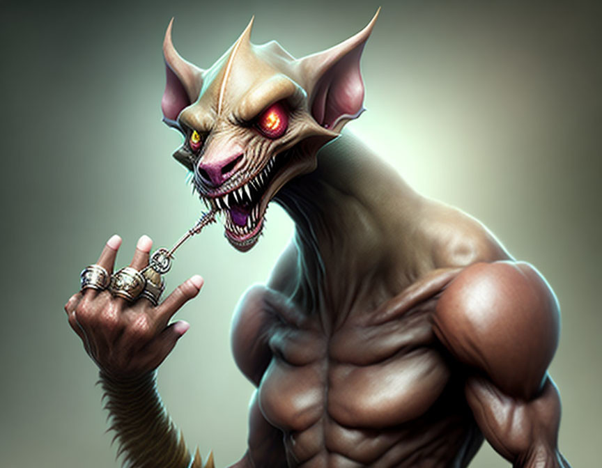 Muscular fantasy creature with feline head, sharp teeth, red eyes, large ears, and spiked