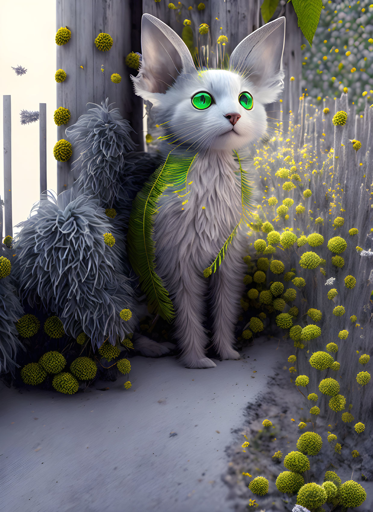 Fluffy white cat with green eyes behind wooden fence among yellow flowers