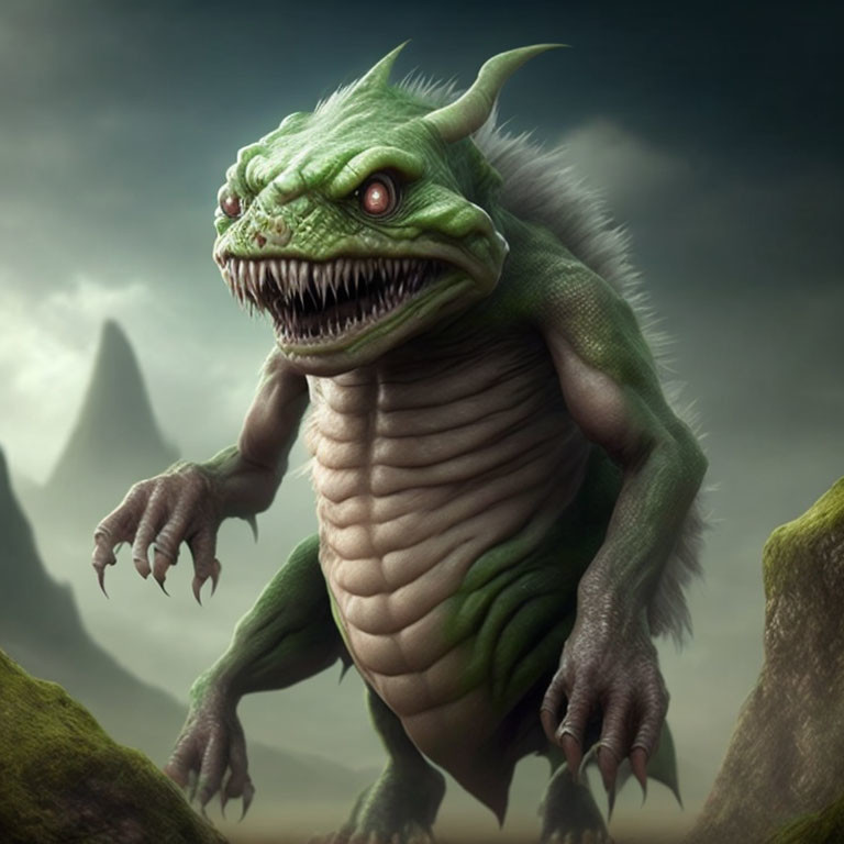 Green Dragon-Like Creature with Sharp Teeth and Claws in Mountainous Setting