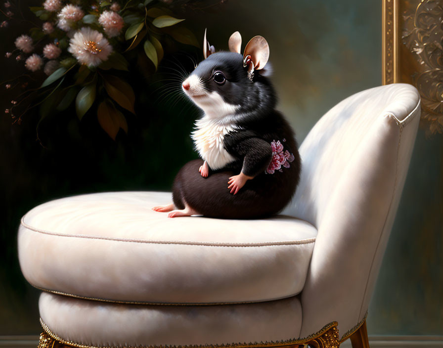 Black and white anthropomorphic mouse on elegant cream chair with pink flower