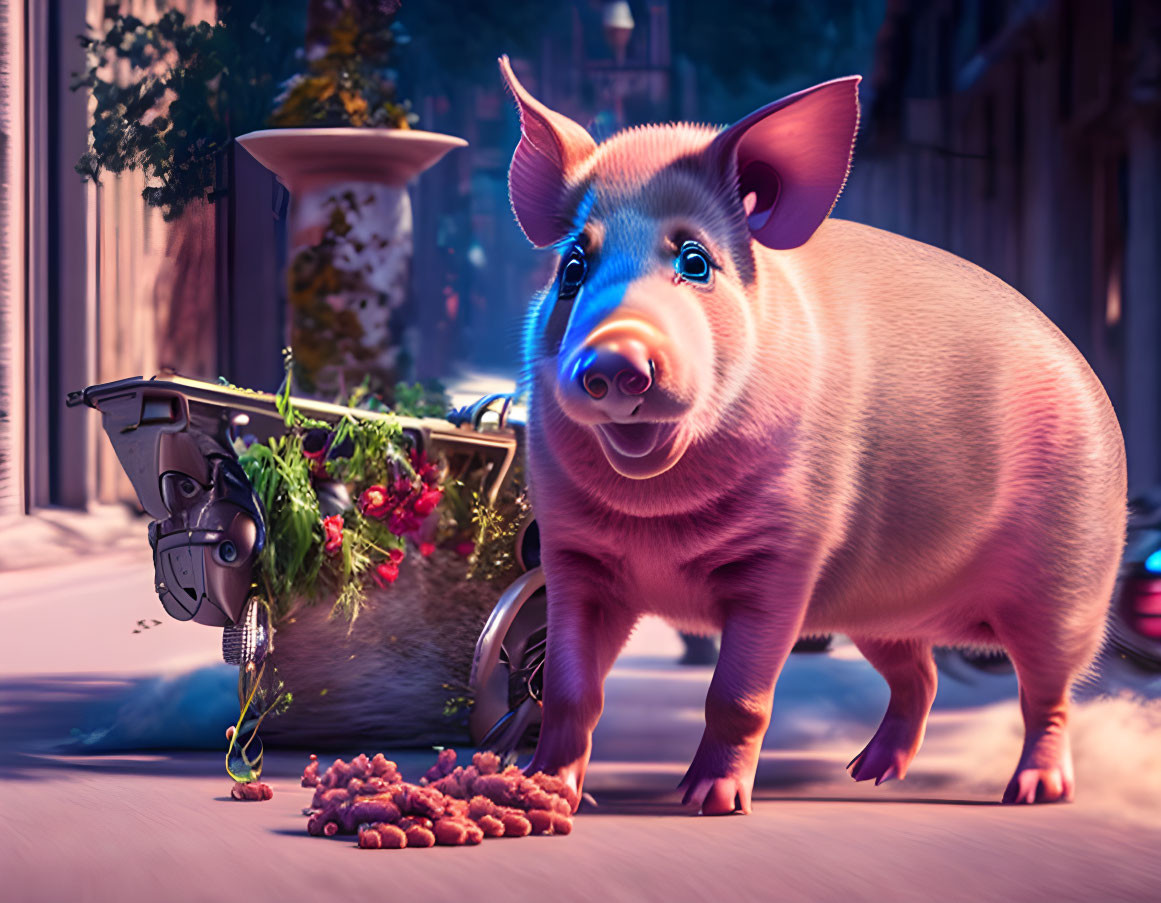 Stylized animated pig with expressive eyes next to robot arm and basket of flowers.