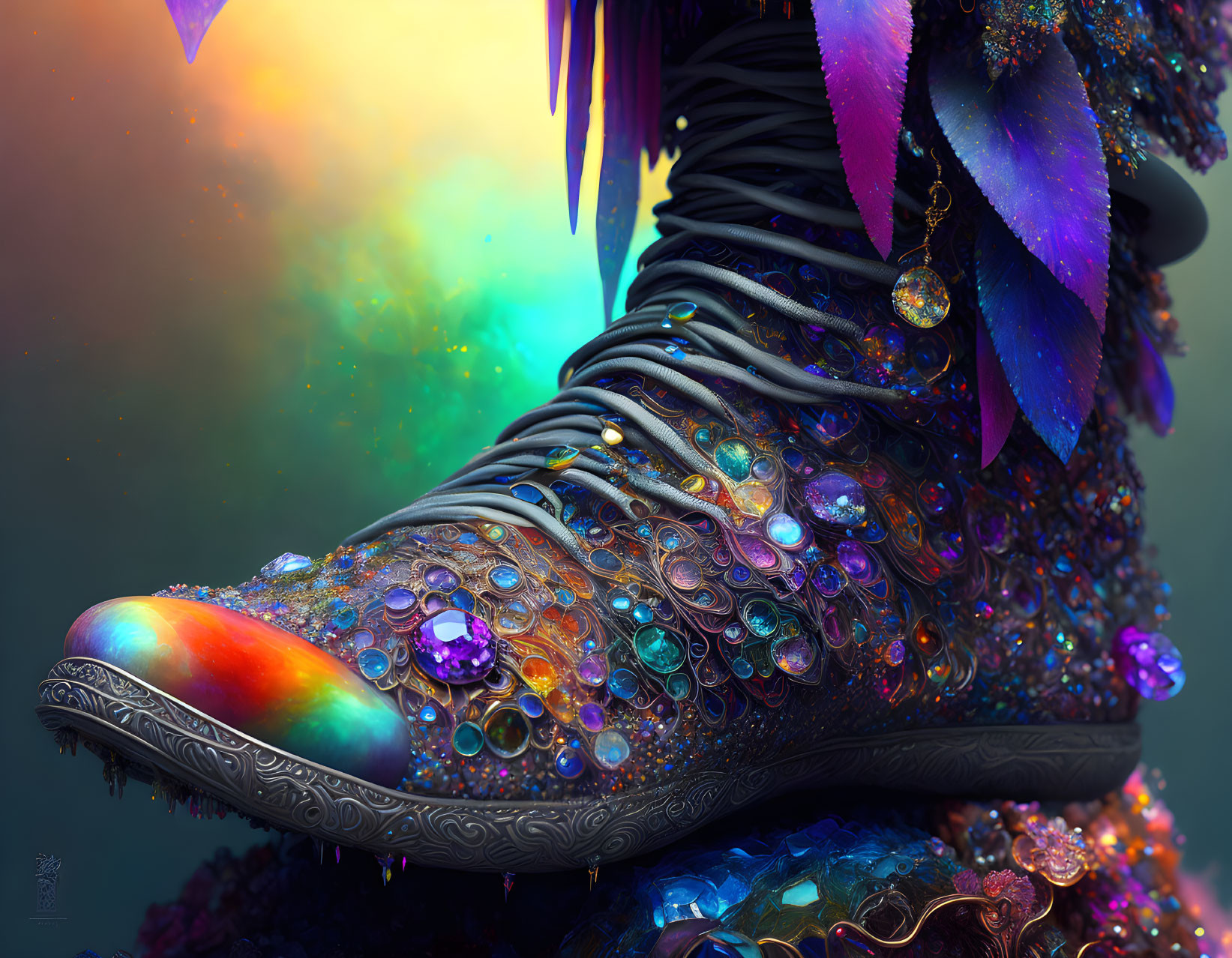 Intricate jewel and bubble design shoe with feather-like elements on colorful background