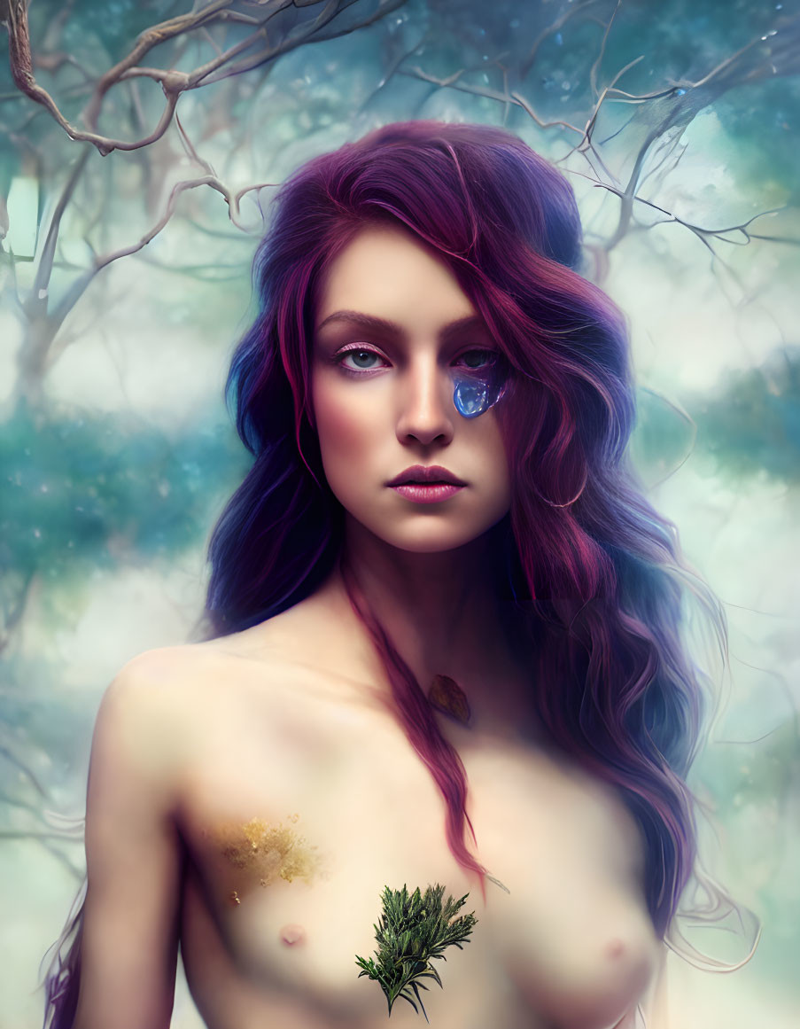 Vibrant purple hair woman portrait in mystical forest scenery