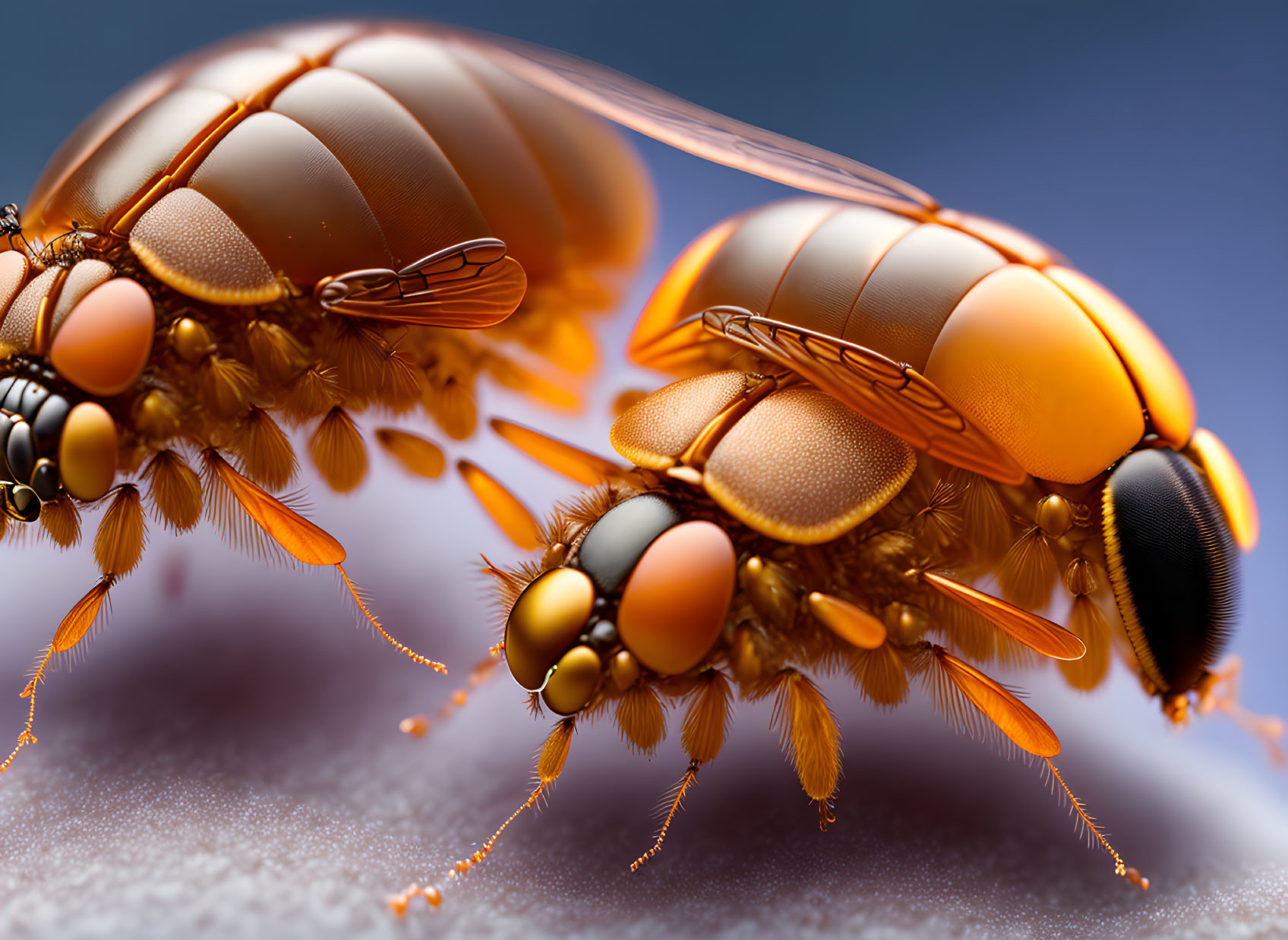 Detailed Close-Up of Two Hoverflies' Compound Eyes and Orange Bodies