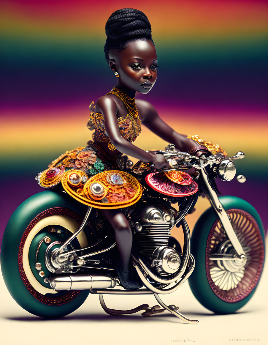 Confident girl with intricate jewelry on vibrant motorcycle against rainbow background