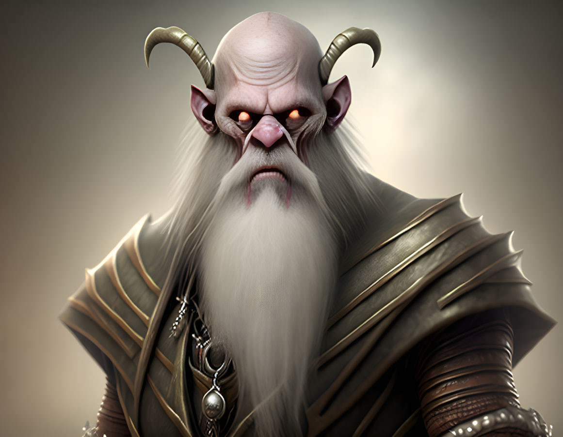 Fantasy character with horns, red eyes, white beard, and ornate armor