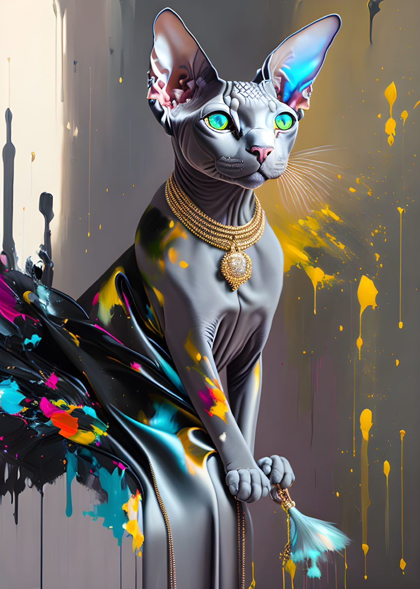 Vibrant futuristic sphynx cat art with gold jewelry on gray background