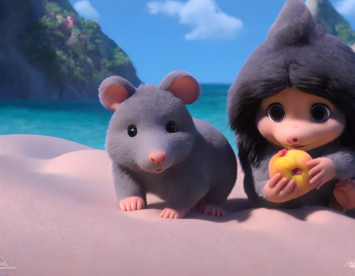 3D animated scene: Grey mouse and raccoon sharing apple on sandy shore