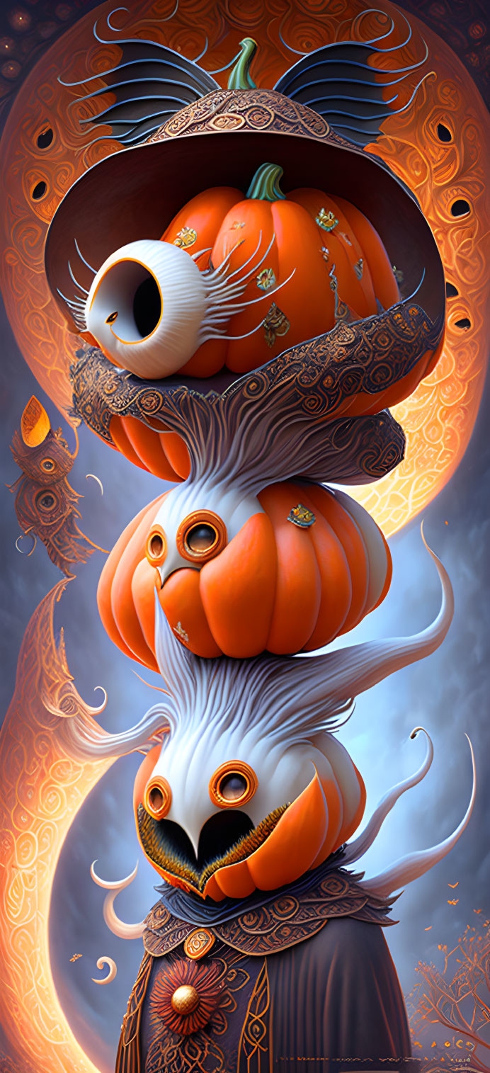 Whimsical stack of pumpkins with intricate patterns and a bird on autumnal background