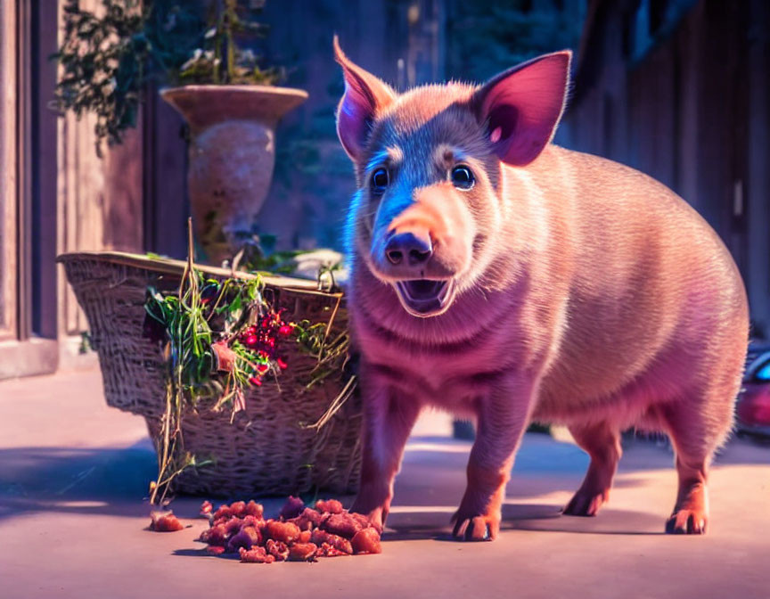 Pink pig with flowers in tipped-over basket in soft lighting