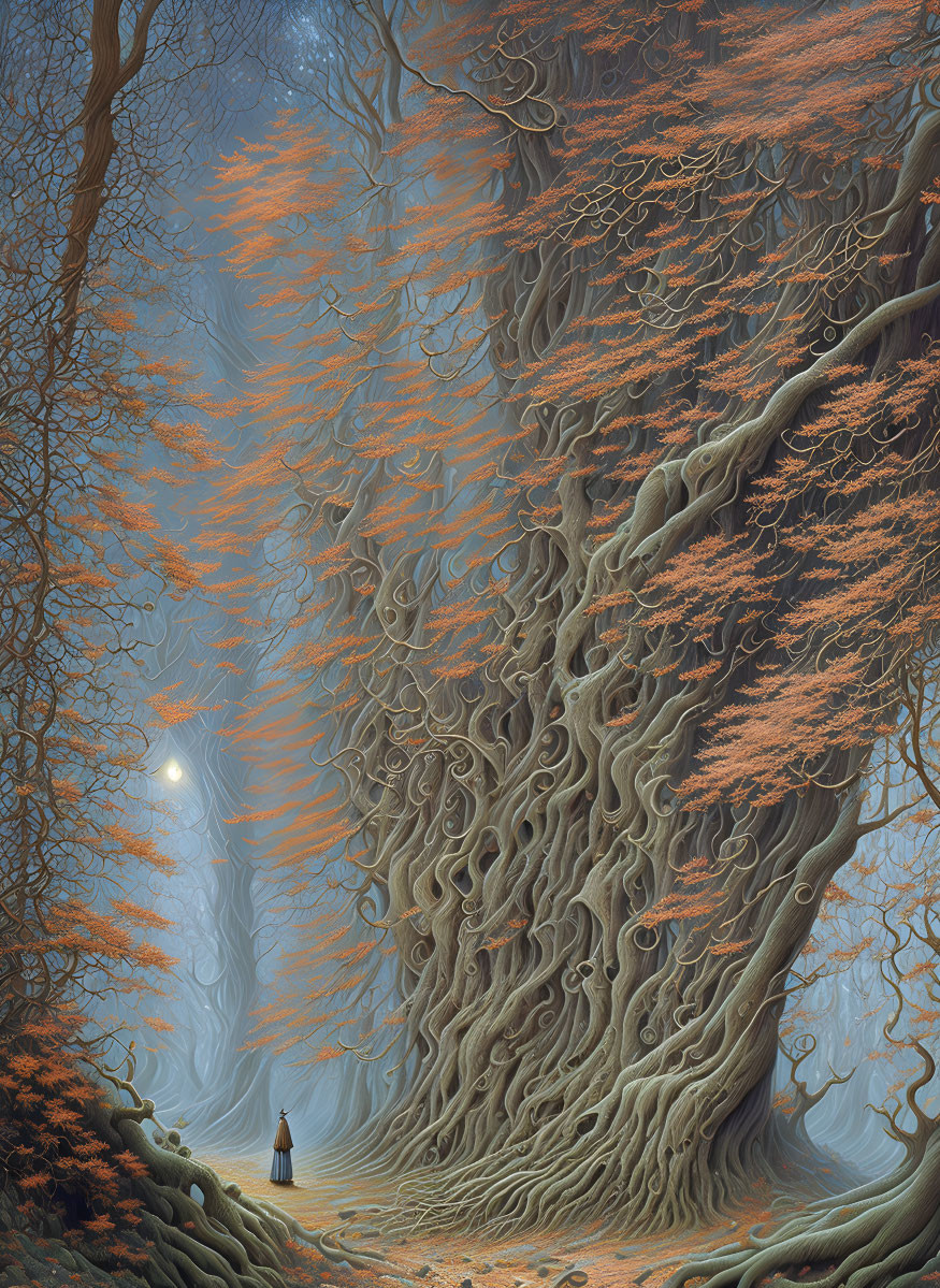 Person standing under vast, twisting tree in mystical forest with orange leaves.