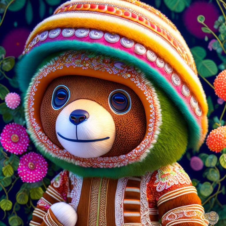 Colorful anthropomorphic bear digital illustration with floral details