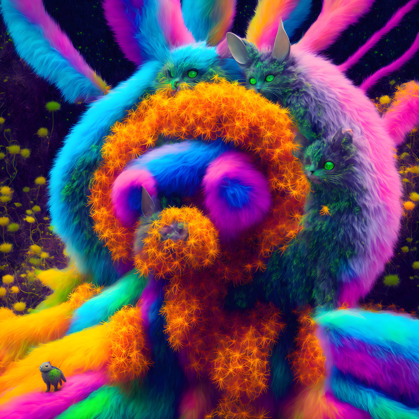 Colorful digital artwork: Fluffy creatures in neon landscape