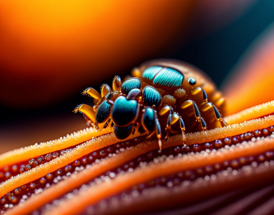 Colorful Beetle with Detailed Eye on Orange Plant Stem - Close-up Photo