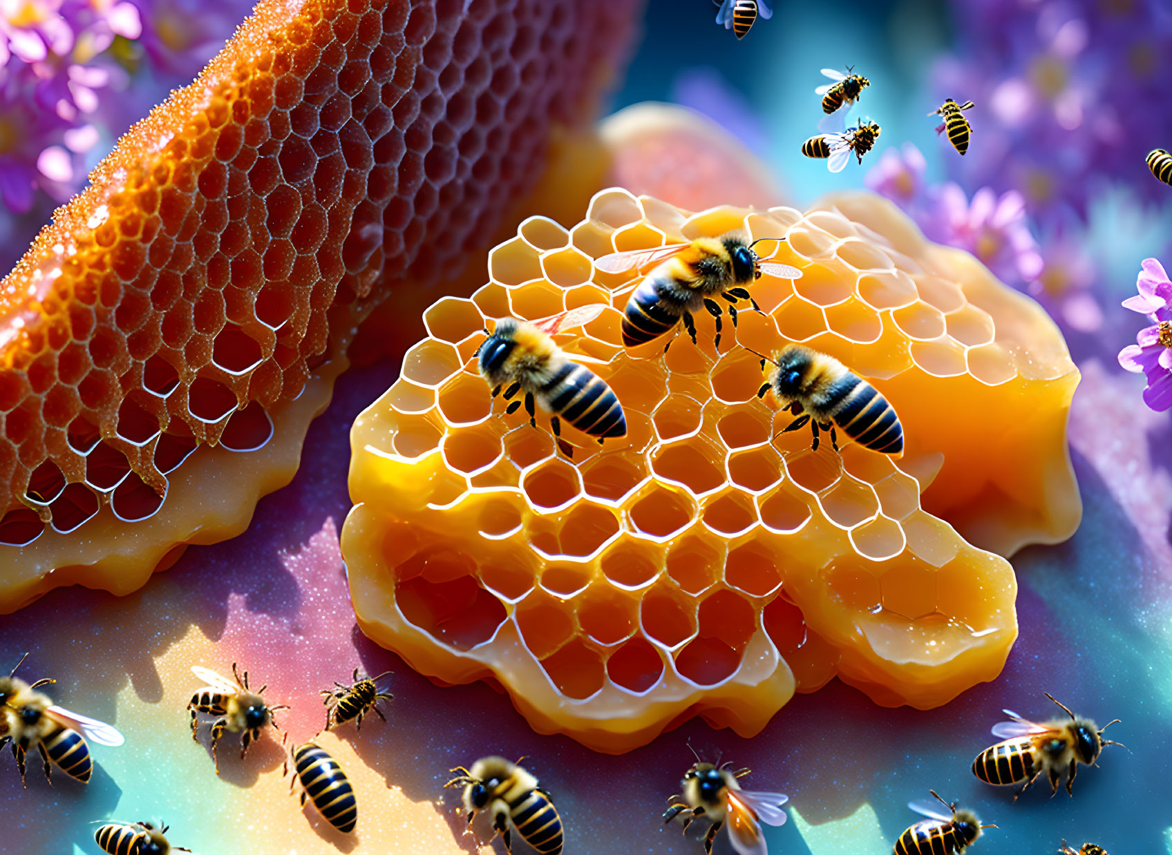 Golden honeycombs with honey and buzzing honeybees among vibrant flowers