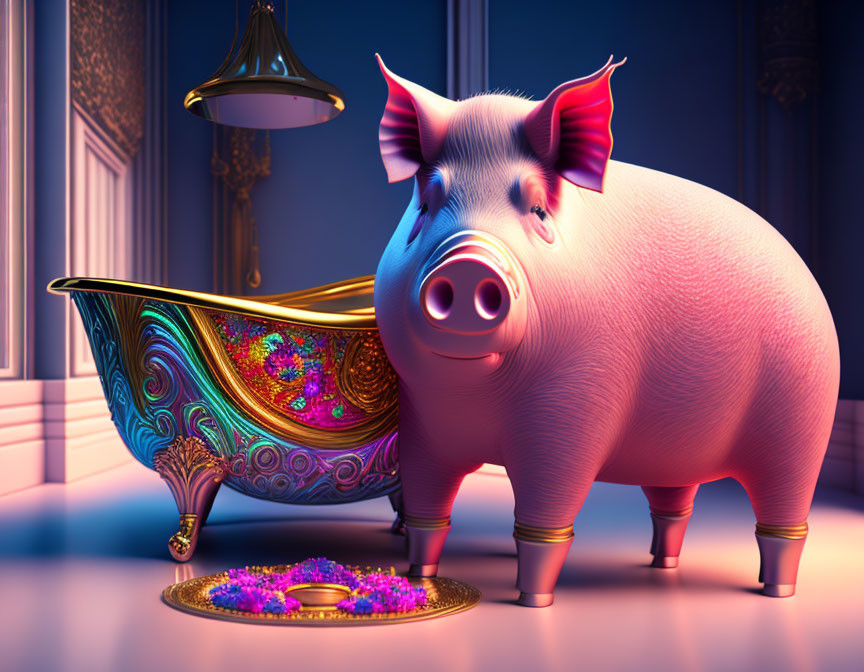 Stylized pink pig and golden bathtub in ornate room