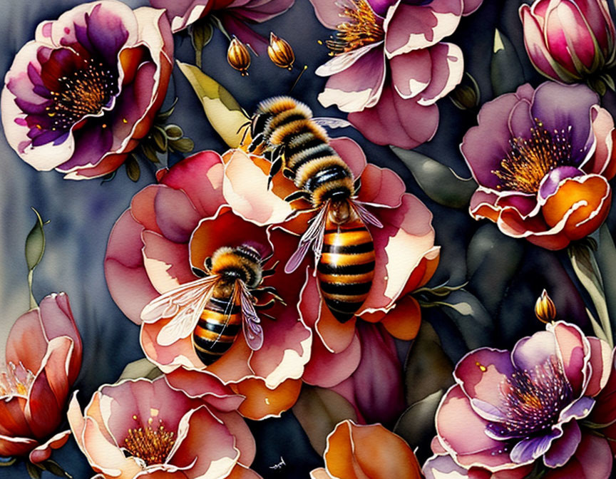 Vibrant multicolored flowers with two bees on dark background