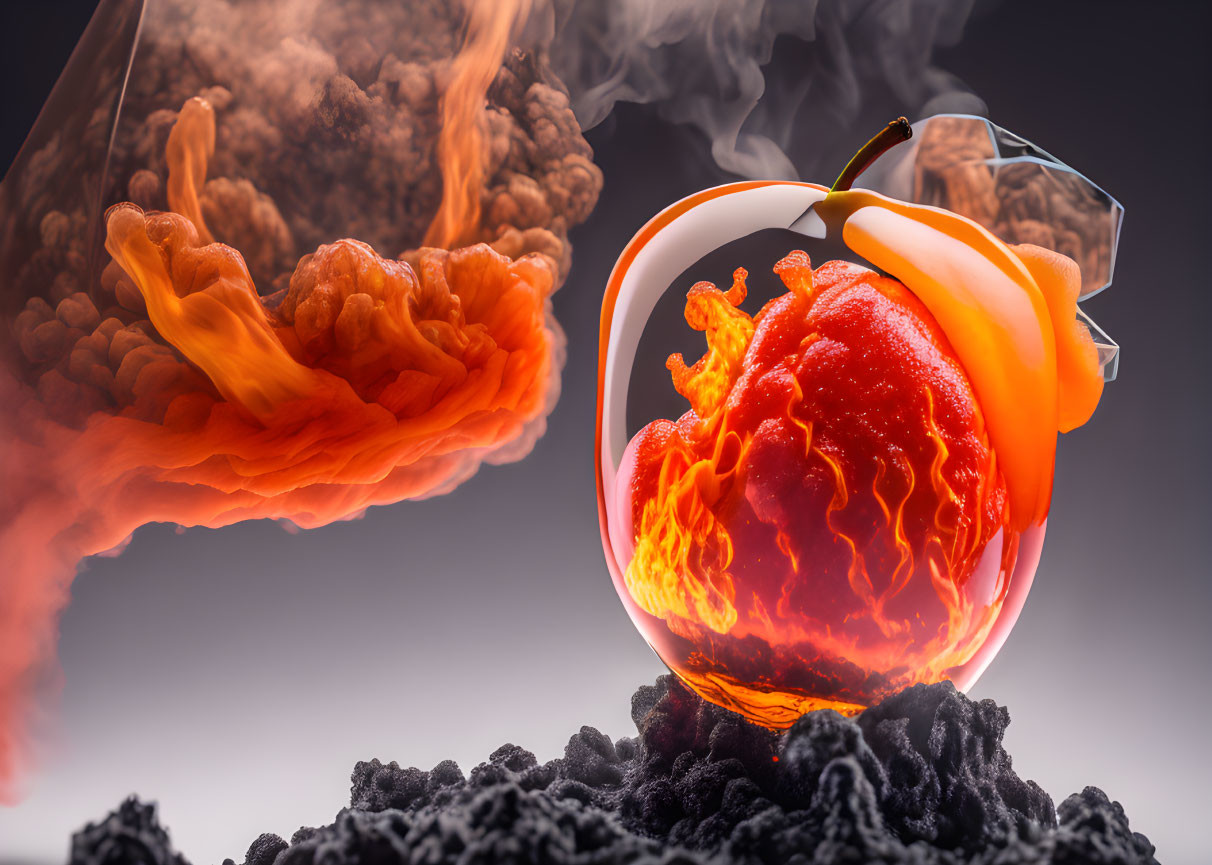 Conceptual image: Bell pepper with fiery core in volcanic eruption theme