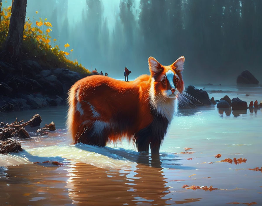 Giant red fox in river with tiny human figure in misty forest landscape