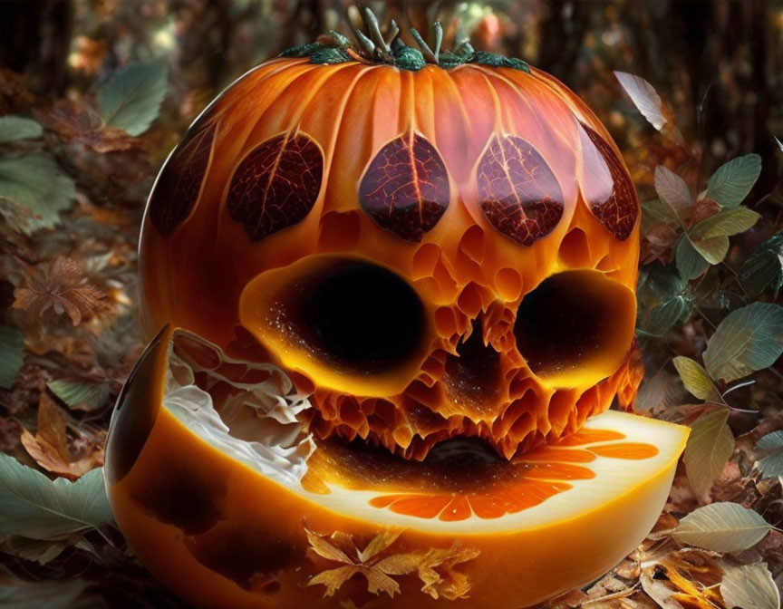 Spooky Halloween pumpkin surrounded by autumn leaves