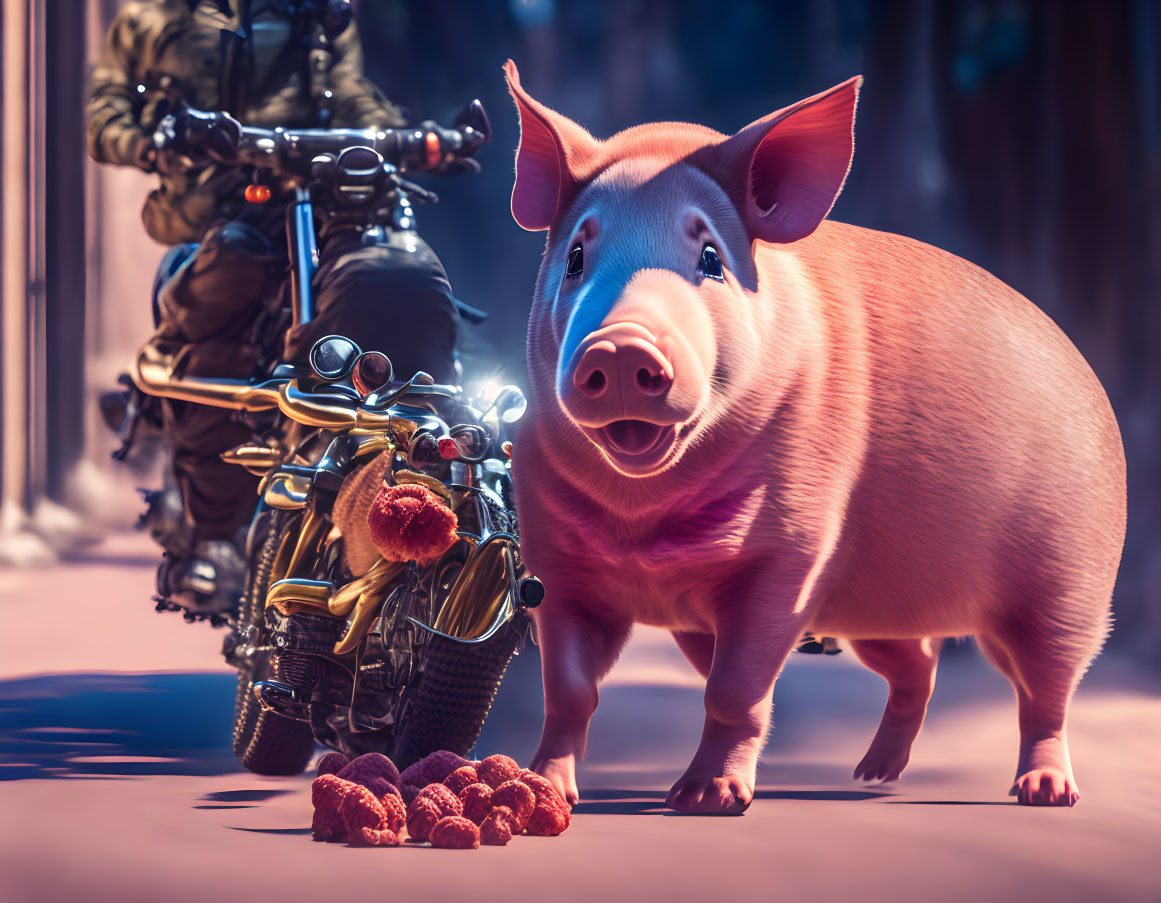 Pig with motorcycle and rider in blurred background under purplish light