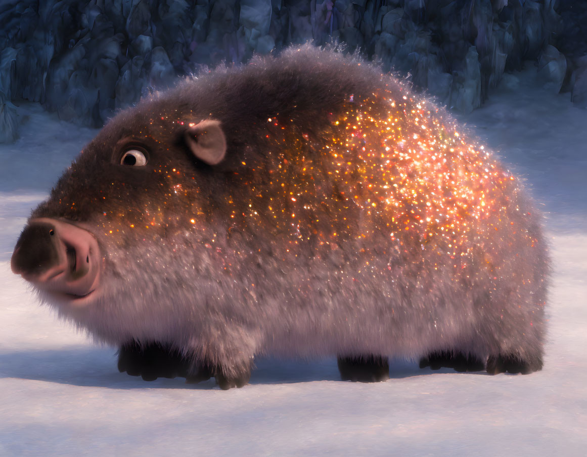 Fluffy Capybara-Like Animated Animal with Sparkles in Snowy Twilight