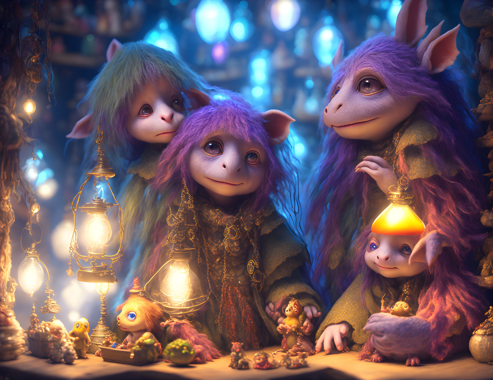 Colorful-haired fantasy creatures with large eyes in cozy gathering among lanterns and decor