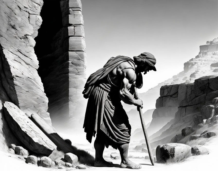 Person in traditional robes with staff in rocky desert landscape