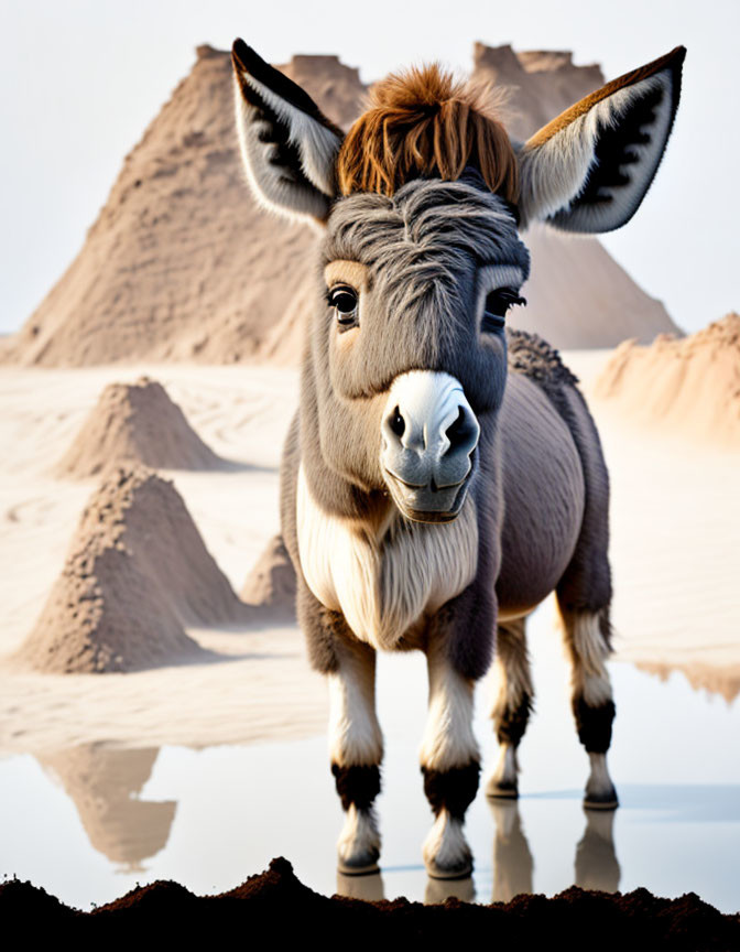 Fluffy donkey with large ears in front of sandy hills reflected in water