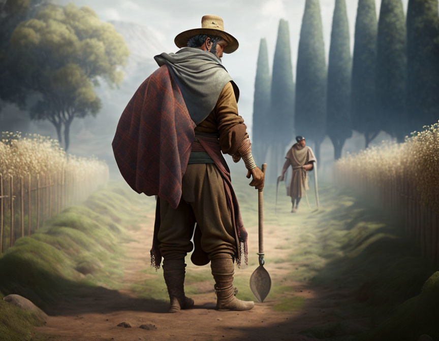 Historical man with shovel on dirt path, person walking in distance, tall trees.