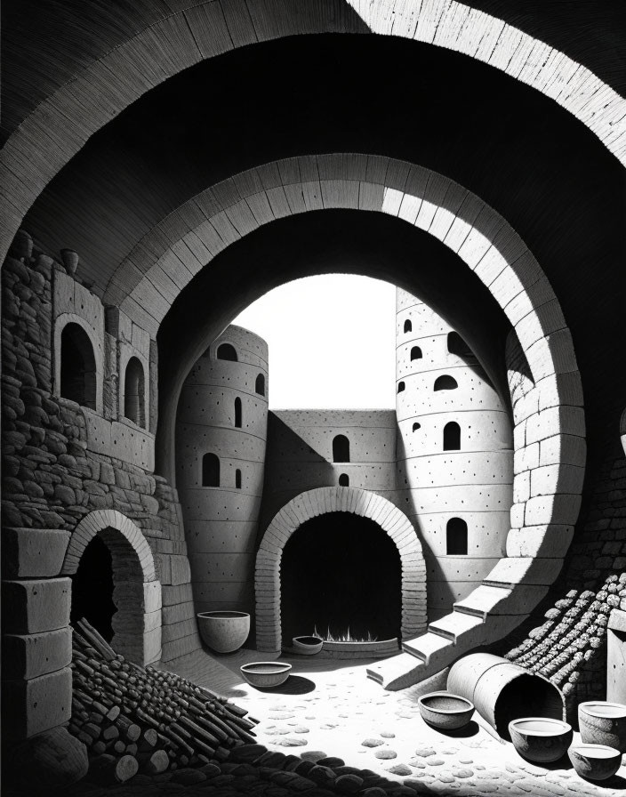 Monochrome optical illusion artwork of impossible architecture