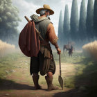 Historical man with shovel on dirt path, person walking in distance, tall trees.