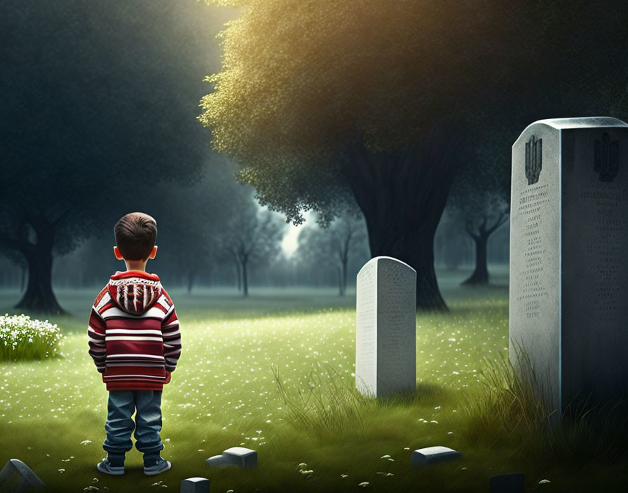 Young boy in striped red hoodie at cemetery with gravestones and misty trees