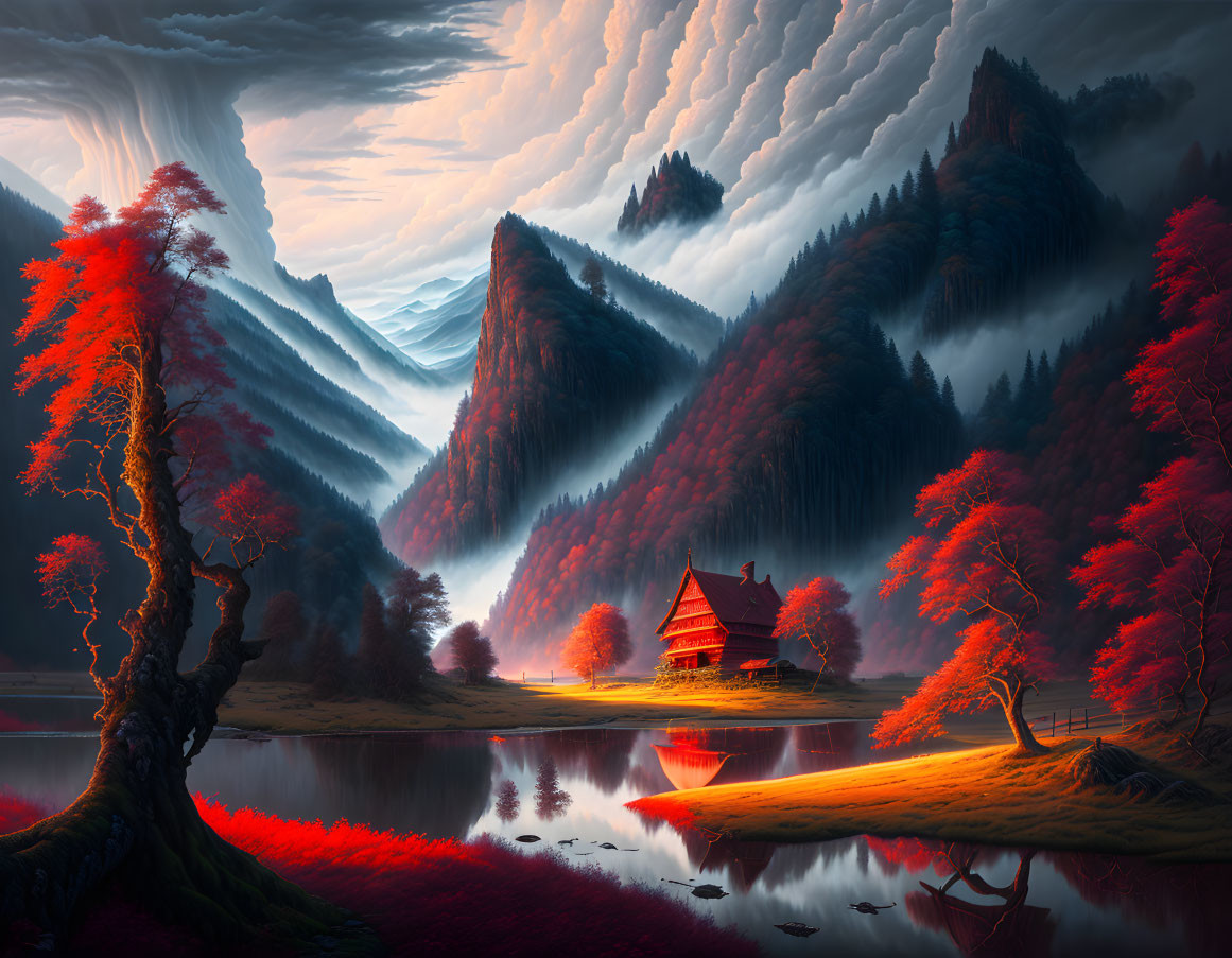 Tranquil crimson forest, reflective lake, cabin, mountains, dramatic sky