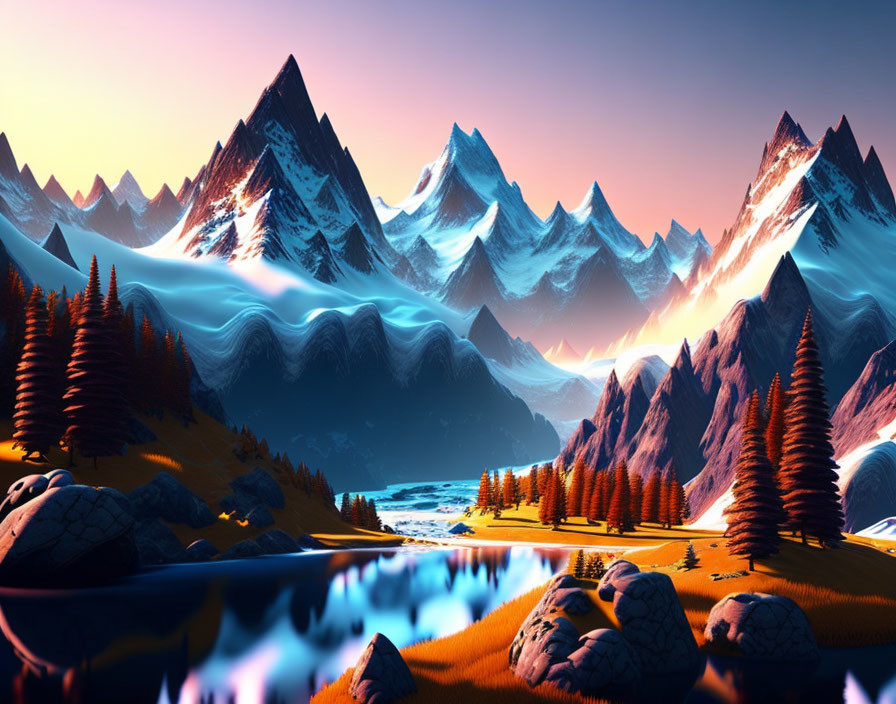 Majestic mountain landscape with river, trees, and meadows at dusk