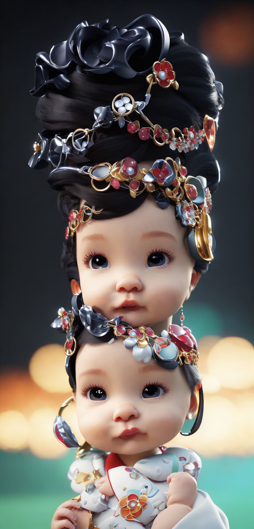 Whimsical digital art dolls with colorful gemstone hairdos