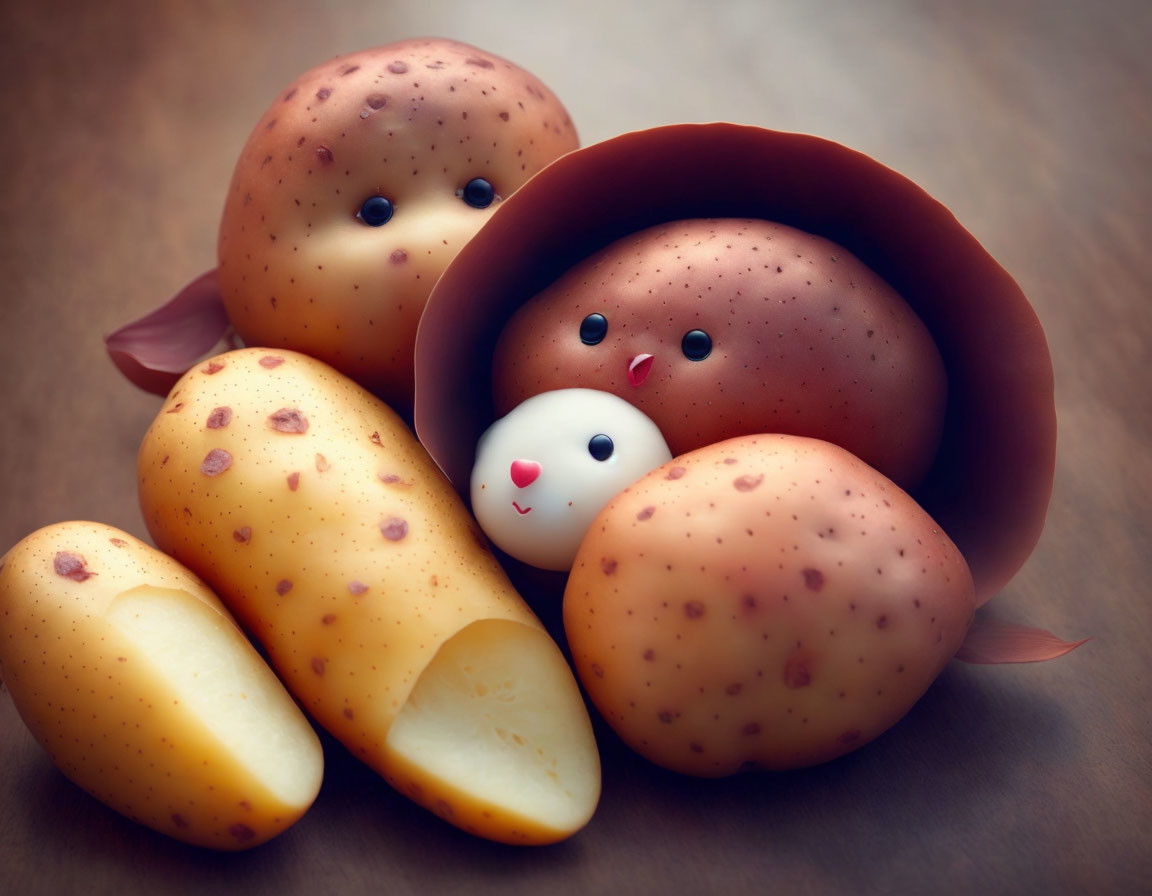 Cute animated potatoes with one sliced open on wooden surface