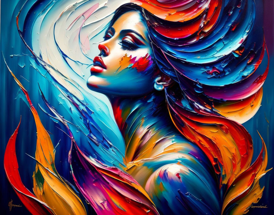 Colorful Abstract Painting of Woman with Swirling Hair in Blue and Red-Orange Palette