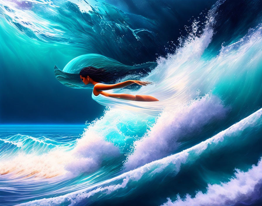 Digital Artwork: Woman Swimming Under Ocean Wave